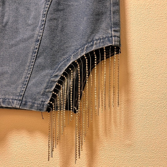 Allegra K Edgy Y2K Glam Denim Mini Skirt with Rhinestone Fringe, Sz S, Blue - Picture 4 of 5